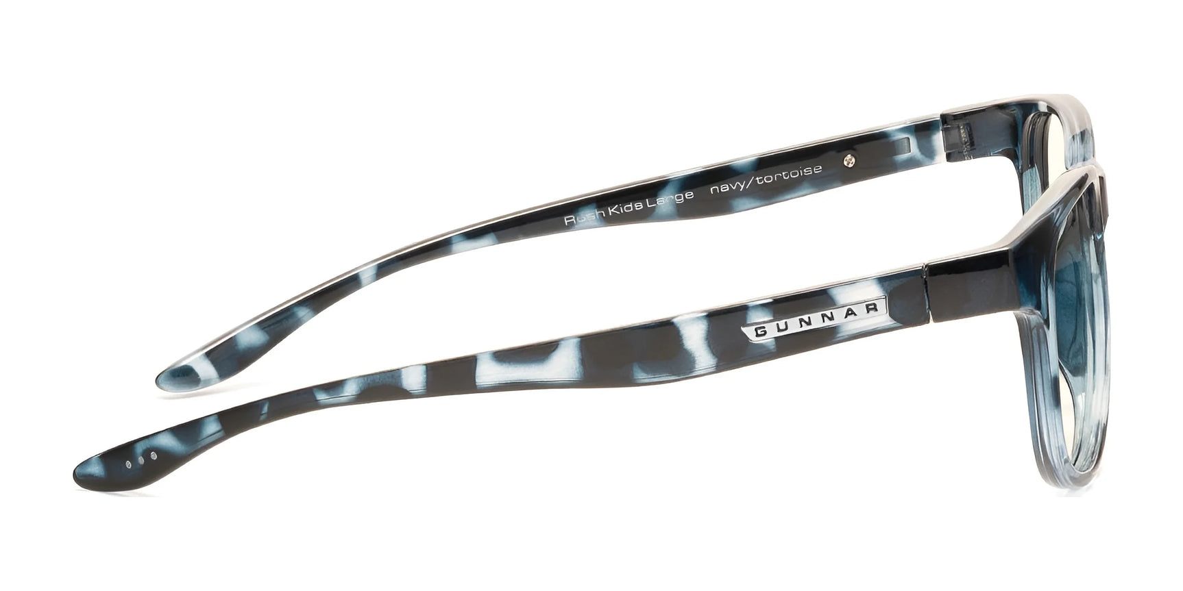 Side view of the Gunnar Rush Kids Computer Glasses in navy blue and white tortoise pattern, featuring the brand name on the arm. Ideal for kids and teens, these stylish glasses offer blue light blocking technology to shield young eyes from screen exposure.