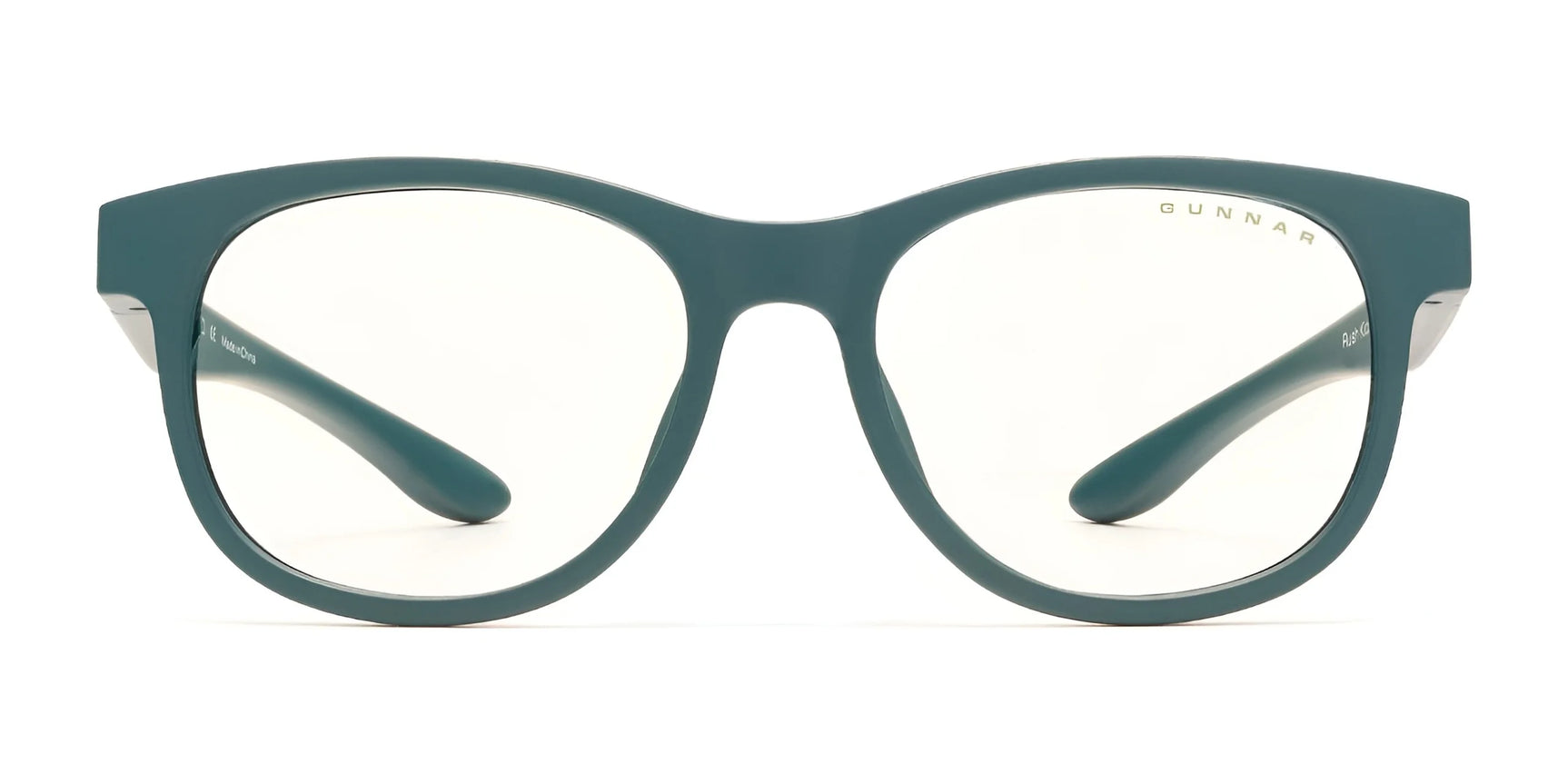 Gunnar Rush Kids Computer Glasses, by Gunnar, feature large round green lenses designed for kids and teens with blue light blocking capabilities, stylishly displayed against a white background.