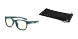 Gunnar Rush Kids Computer Glasses feature teal frames with transparent lenses, ideal for kids and teens using computers. Complete with a black soft pouch labeled "Gunnar.