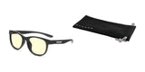 Gunnar Rush Kids Computer Glasses, featuring black frames and yellow-tinted lenses for blue light blocking, are perfect for kids and teens. They come with a sleek black pouch branded with the Gunnar logo.