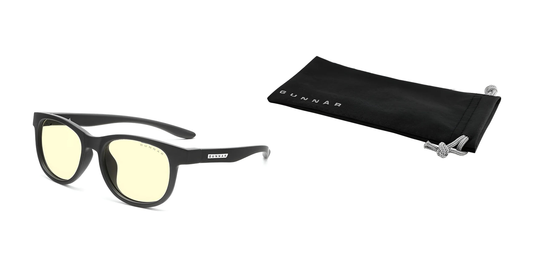 Gunnar Rush Kids Computer Glasses, featuring black frames and yellow-tinted lenses for blue light blocking, are perfect for kids and teens. They come with a sleek black pouch branded with the Gunnar logo.