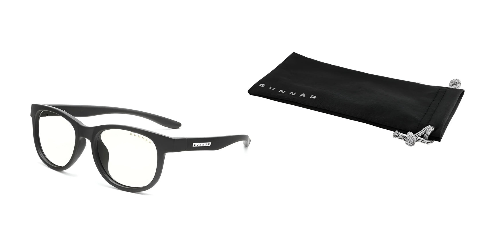 Gunnar Rush Kids Computer Glasses, designed for kids and teens, come with sleek black frames and a matching branded pouch. These glasses block blue light to protect young eyes during screen time.