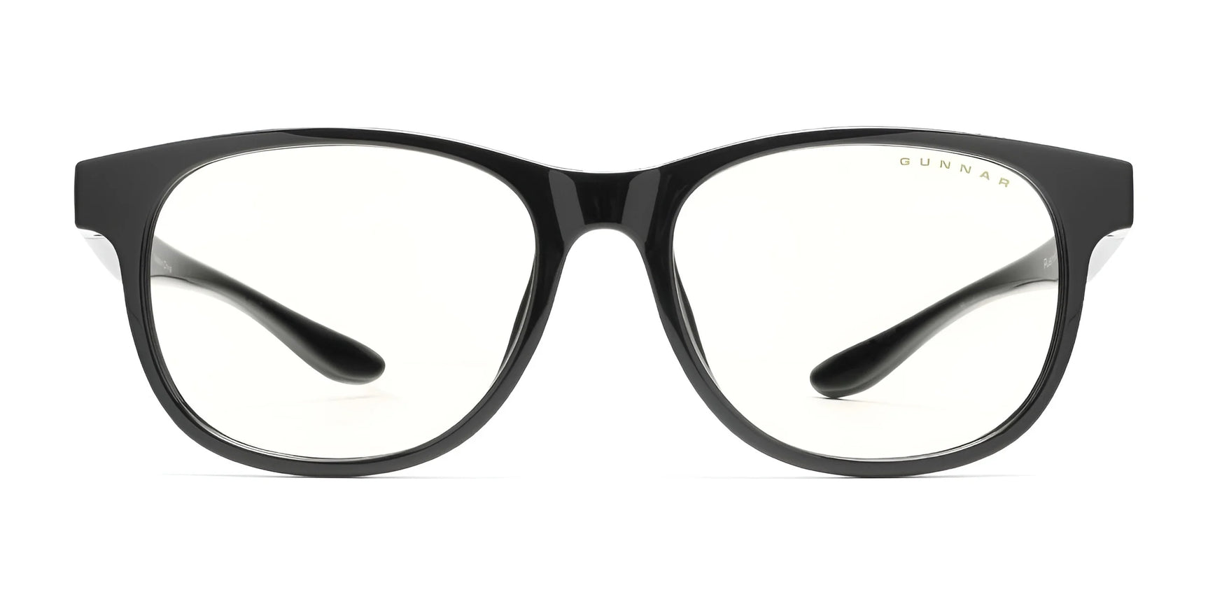 The Gunnar Rush Kids Computer Glasses by Gunnar are black-rimmed, rectangular eyeglasses with clear lenses designed to block blue light, offering style and protection for kids and teens during screen time.