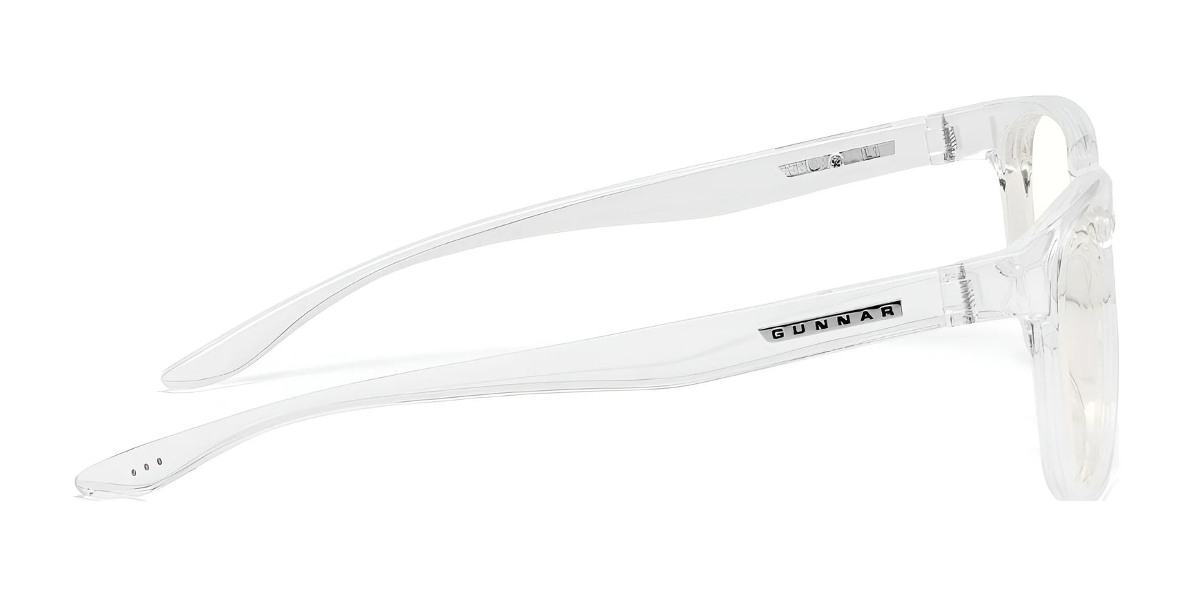 Displayed from the side on a white background, the Gunnar Rush Kids Computer Glasses by Gunnar feature a clear plastic frame designed for kids and teens.