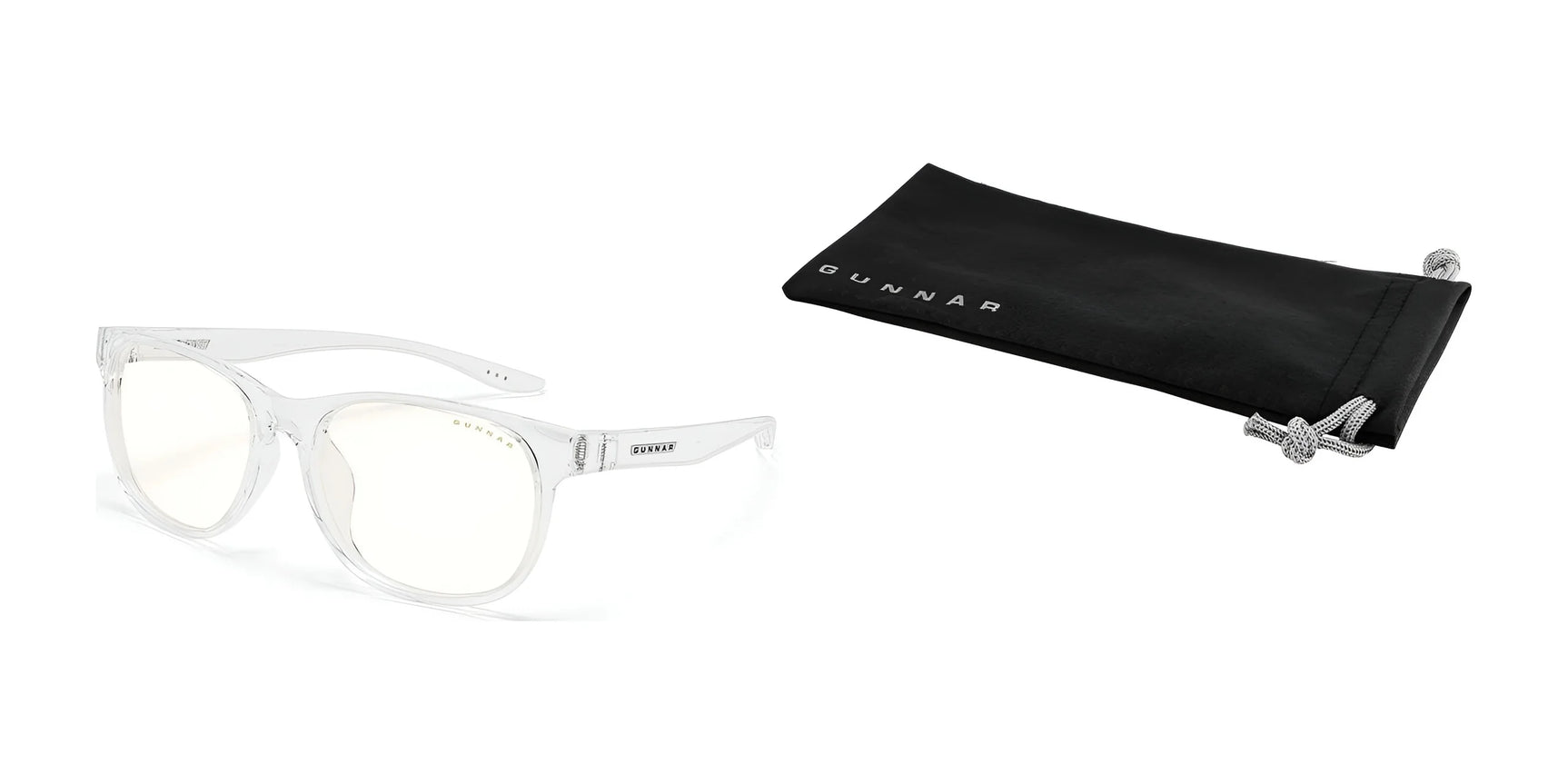 Gunnar Rush Kids Computer Glasses with clear frames and blue light blocking lenses rest next to a sleek black Gunnar pouch on a pristine white background, ideal for kids and teens seeking eye protection during screen time.