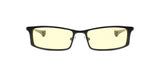 Gunnar Phenom Computer Glasses (Size 55) by Gunnar feature a black rectangular frame with lightly tinted yellow lenses, crafted with advanced optical technology, and are displayed on a white background.