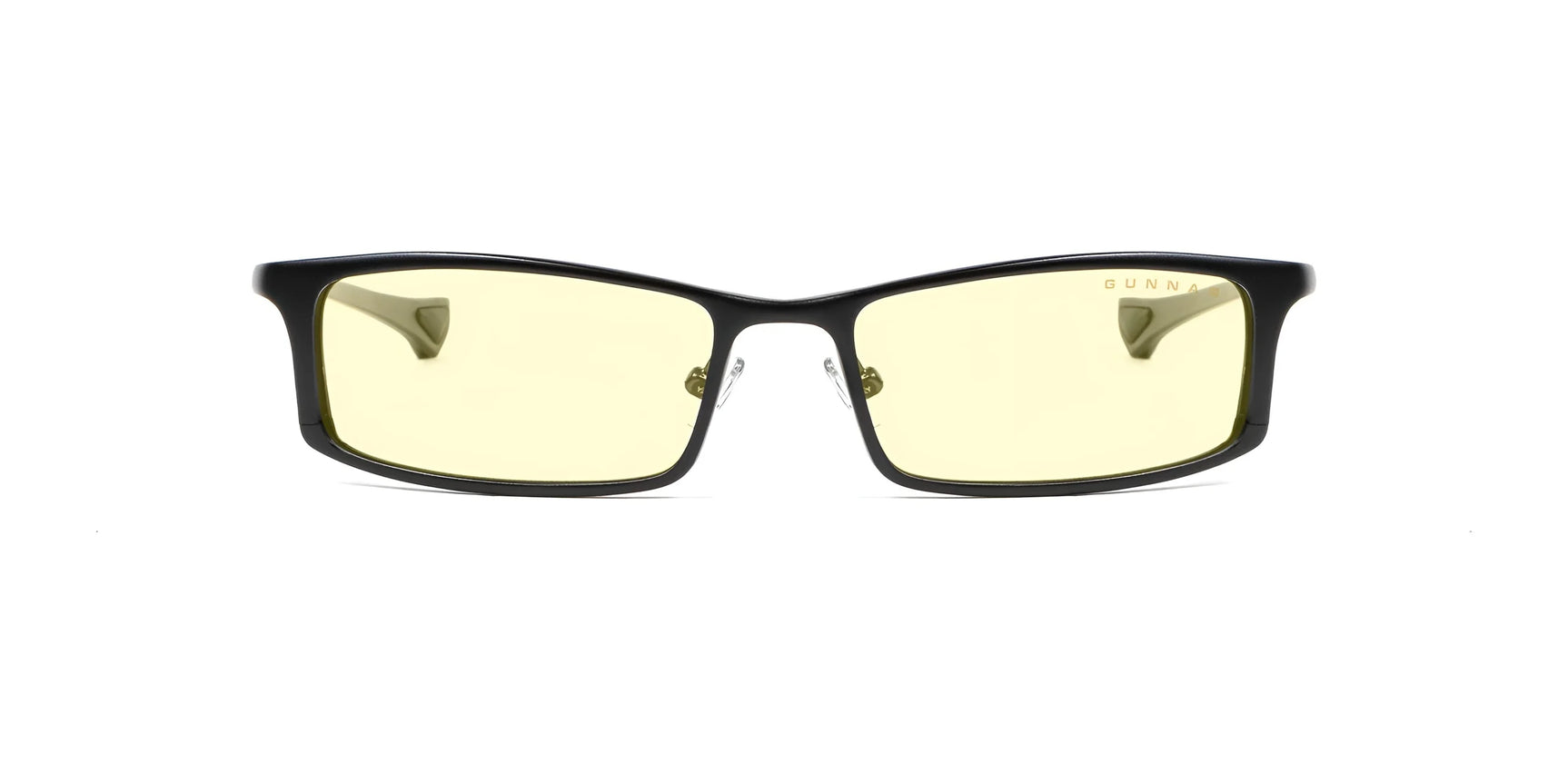 Gunnar Phenom Computer Glasses (Size 55) by Gunnar feature a black rectangular frame with lightly tinted yellow lenses, crafted with advanced optical technology, and are displayed on a white background.