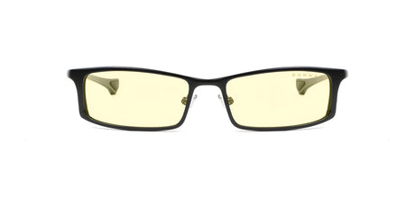 Gunnar Phenom Computer Glasses (Size 55) by Gunnar feature a black rectangular frame with lightly tinted yellow lenses, crafted with advanced optical technology, and are displayed on a white background.