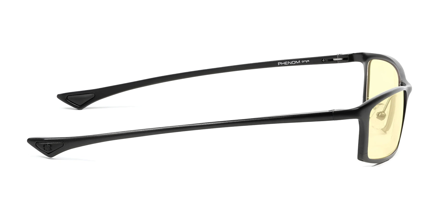 Sleek Gunnar Phenom Computer Glasses, size 55, feature cutting-edge optical technology with yellow lenses to filter blue light, seen in a side view against a pristine white background.