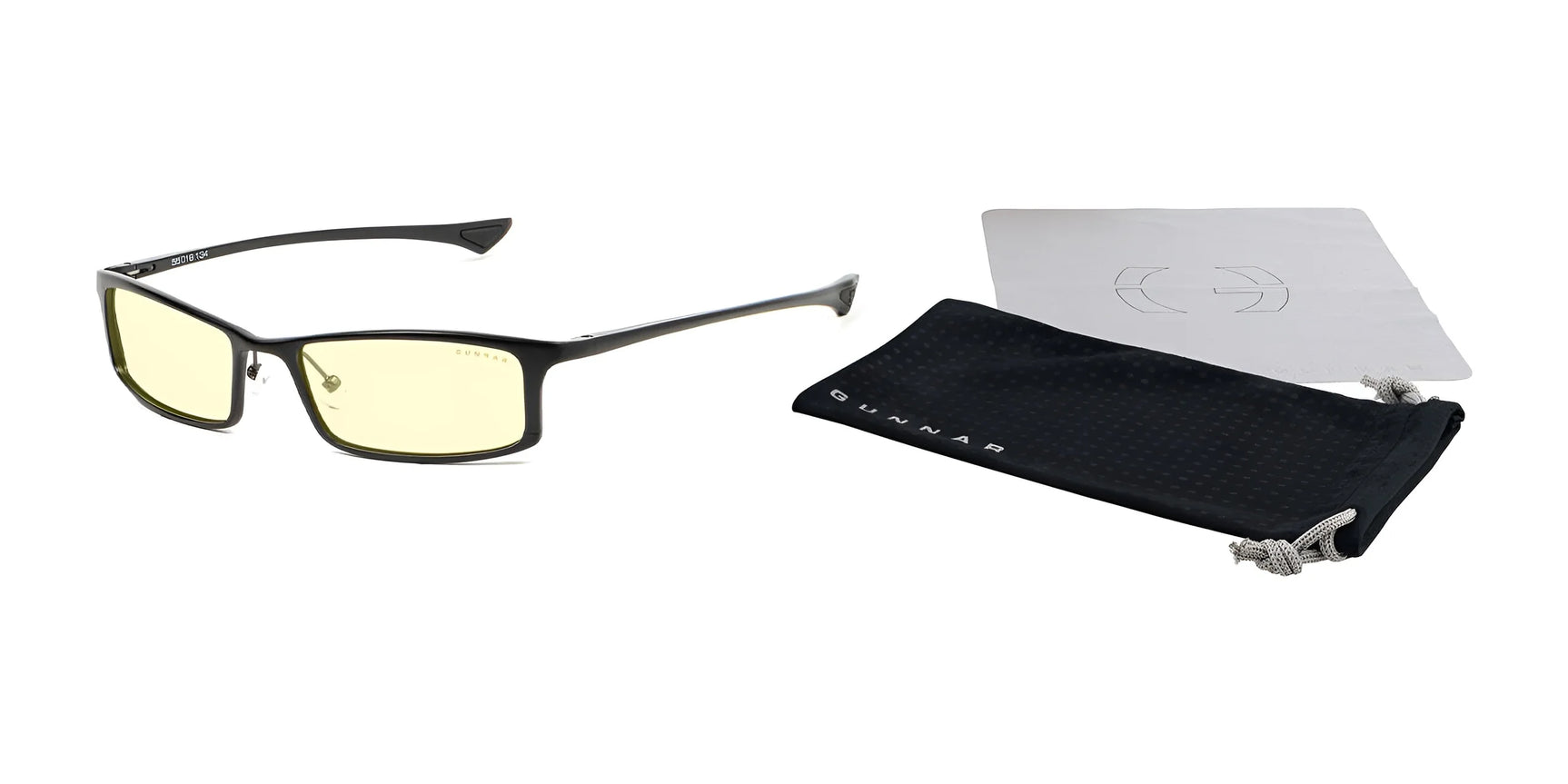 The Gunnar Phenom Reading Computer Glasses feature yellow-tinted lenses and black frames with advanced optics. They include a black drawstring pouch and a silver cleaning cloth, beautifully presented on a white background.