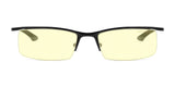 The Gunnar Emissary Computer Glasses, size 55, feature black frames with yellow-tinted lenses that are anti-reflective and block blue light, shown from the front view.