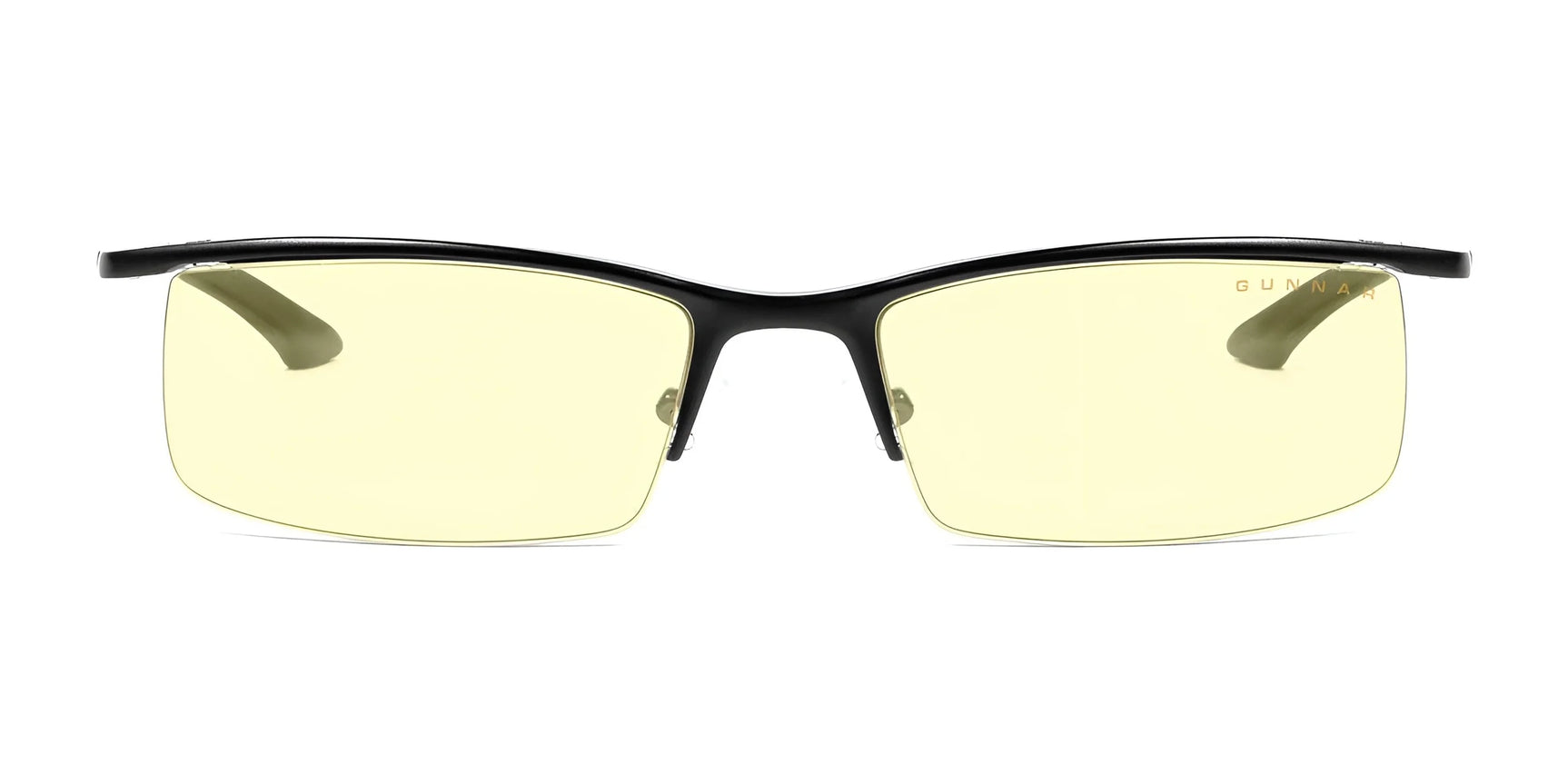 The Gunnar Emissary Computer Glasses, size 55, feature black frames with yellow-tinted lenses that are anti-reflective and block blue light, shown from the front view.