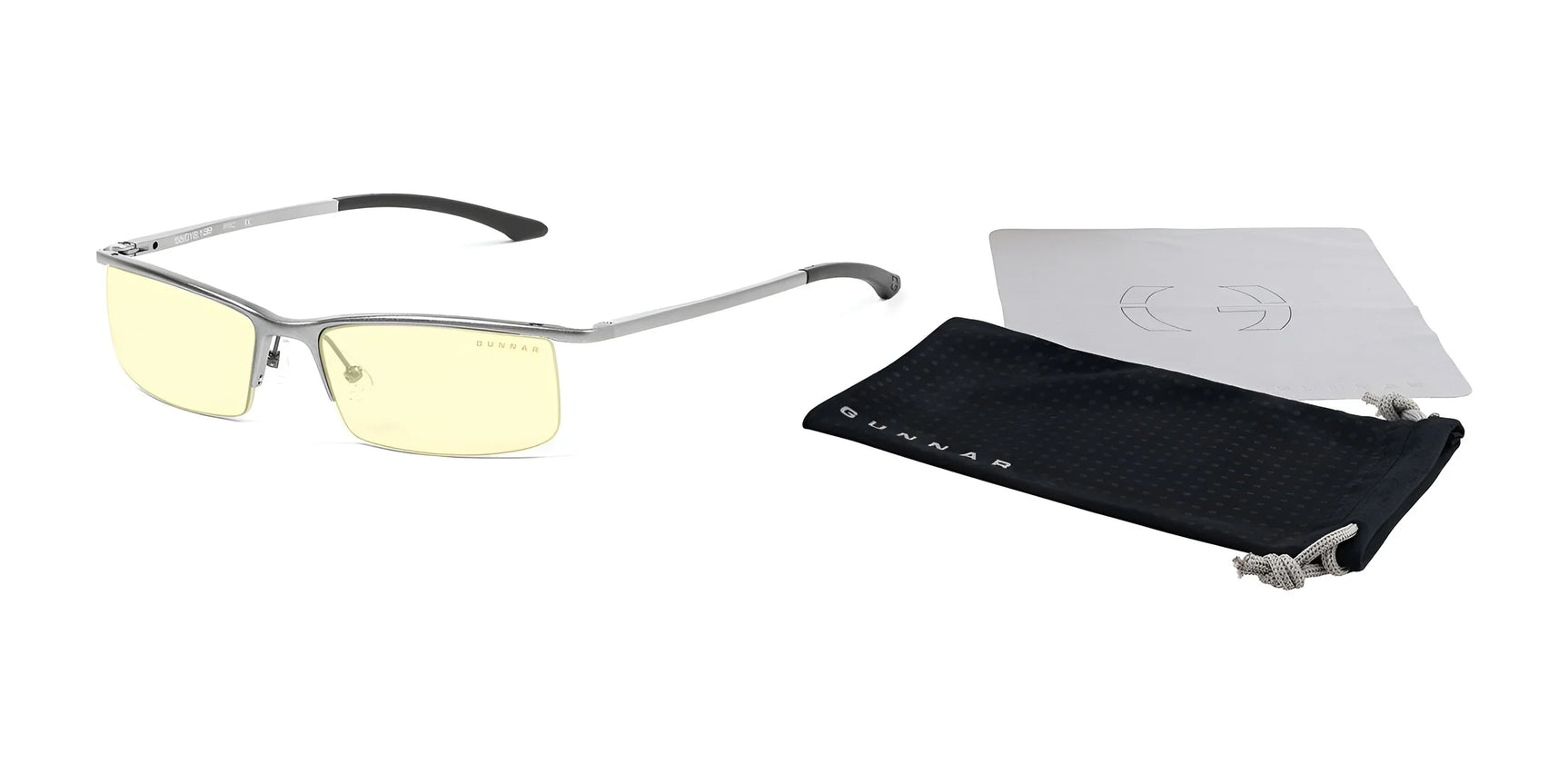 Gunnar Emissary Computer Glasses in silver frames with yellow lenses provide UV protection, and come with a black pouch and cleaning cloth.