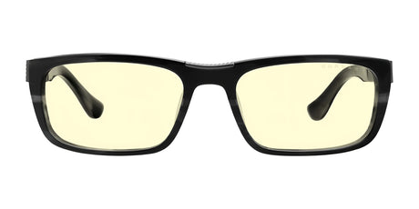 Gunnar Tahoe Computer Glasses, size 55, boast sleek black rectangular frames with yellow-tinted lenses that are ideal for reducing eye strain. These stylish glasses feature advanced blue light blocking technology and are shown front-facing on a white background.