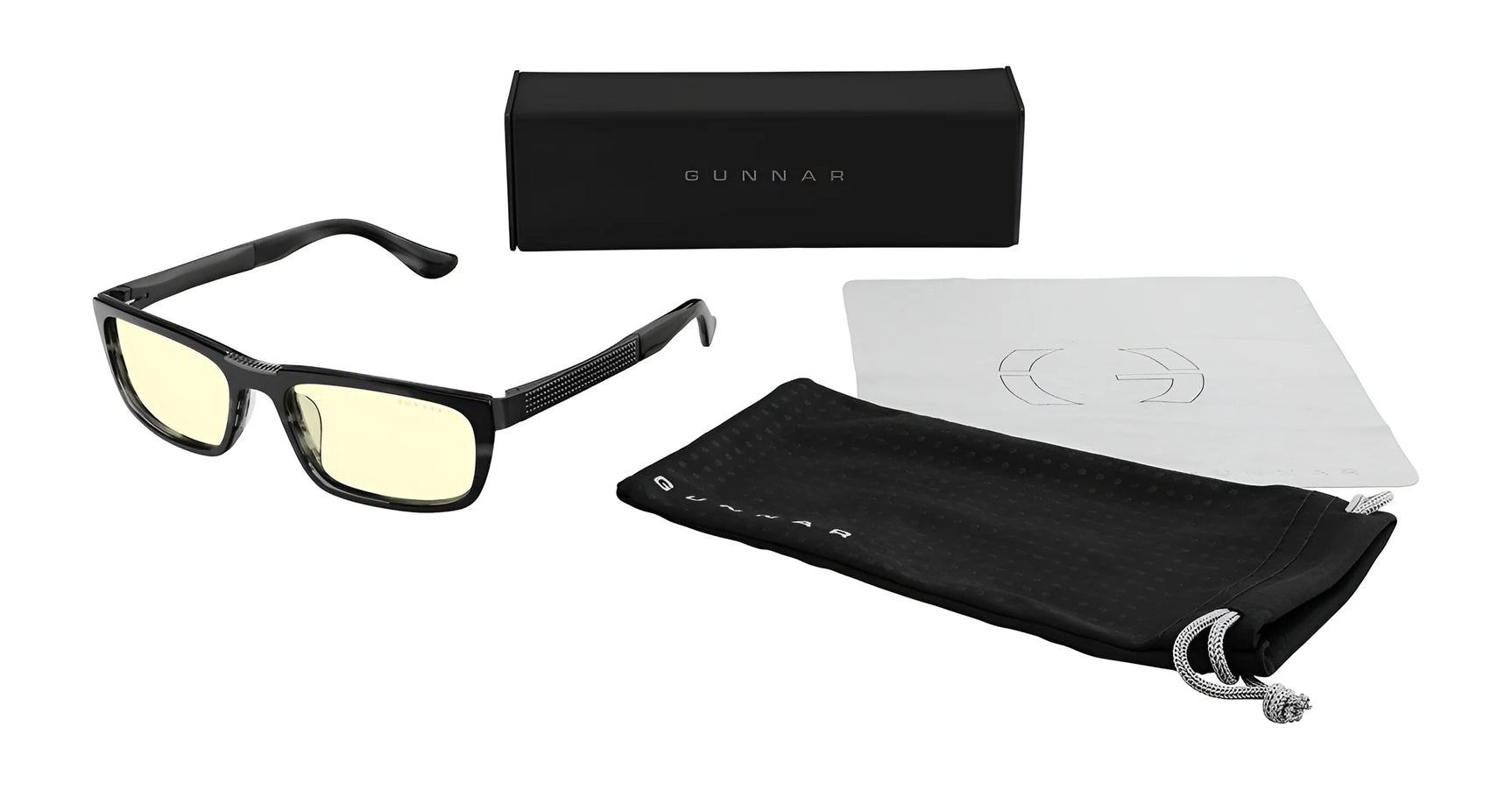 Gunnar Tahoe Computer Glasses | Size 55 with black rims and yellow mineral glass lenses, come with a black case, cleaning cloth, and pouch. Ideal for blue light blocking.