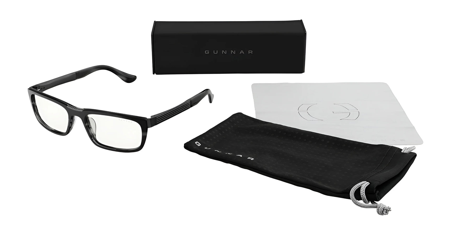 Gunnar Tahoe Computer Glasses, Size 55, with mineral glass lenses are showcased, accompanied by a sleek casing, cleaning cloth, and pouch.