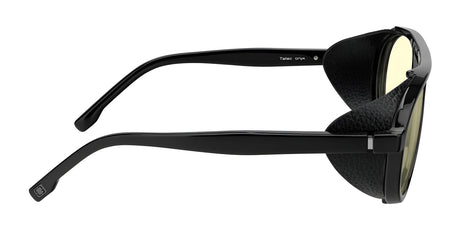 Gunnar Tallac Computer Glasses in size 57 feature sleek black mountaineer-style frames with side shields and yellow-tinted lenses, crafted from premium acetate, shown from the side view.