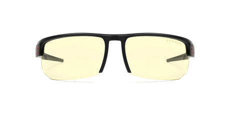 Gunnar Torpedo Computer Glasses in size 73 feature a black frame and yellow-tinted lenses for enhanced clarity and comfort. Designed by Gunnar for headset compatibility, they ensure an optimal experience against a white background.