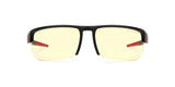 The Gunnar Torpedo 360 Computer Glasses by Gunnar are black-rimmed with yellow-tinted lenses and red temple accents, designed to block blue light.