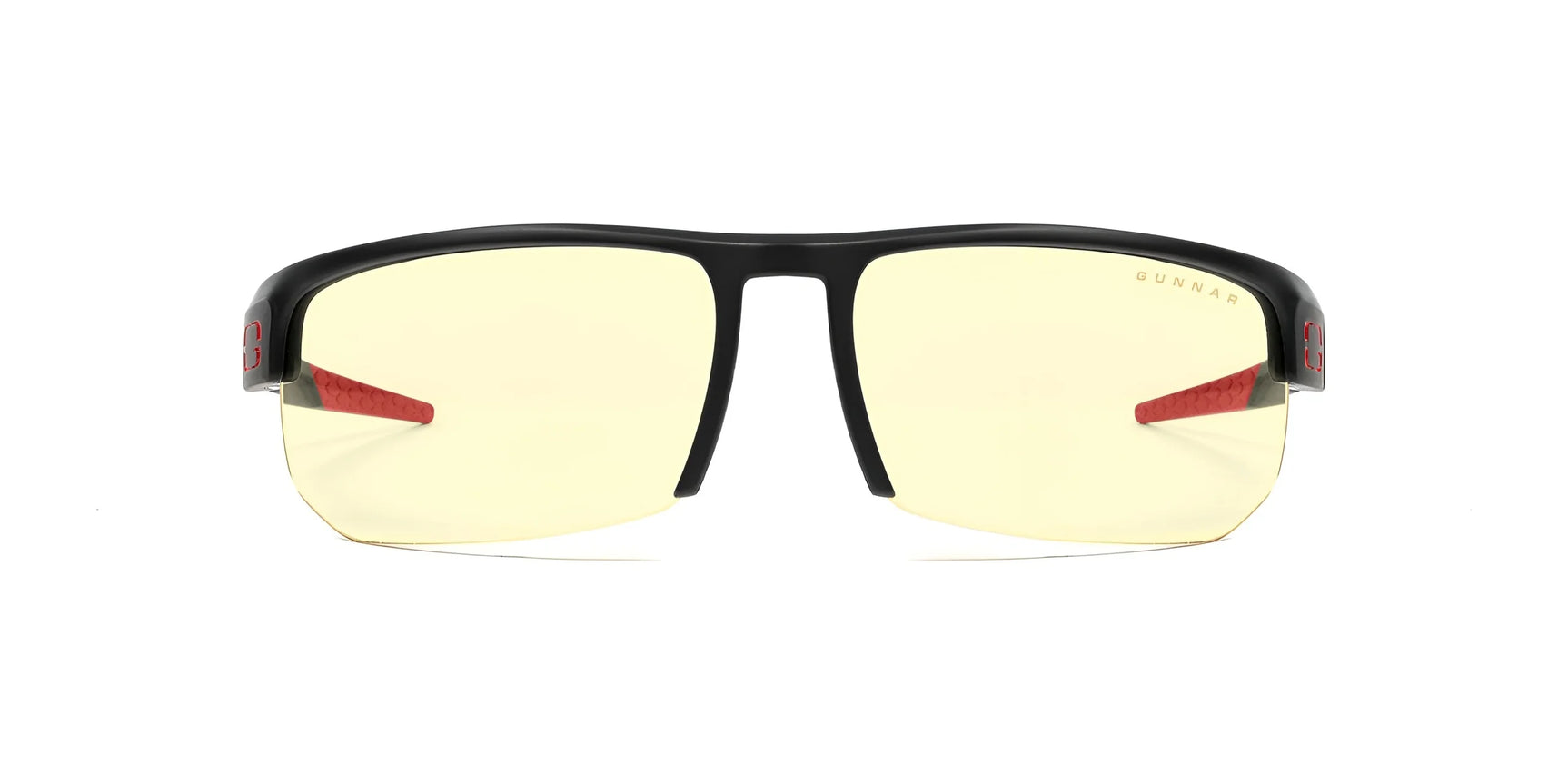 The Gunnar Torpedo 360 Computer Glasses by Gunnar are black-rimmed with yellow-tinted lenses and red temple accents, designed to block blue light.