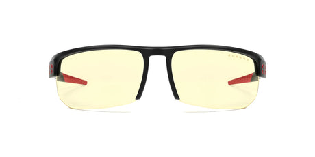 The Gunnar Torpedo 360 Computer Glasses by Gunnar are black-rimmed with yellow-tinted lenses and red temple accents, designed to block blue light.