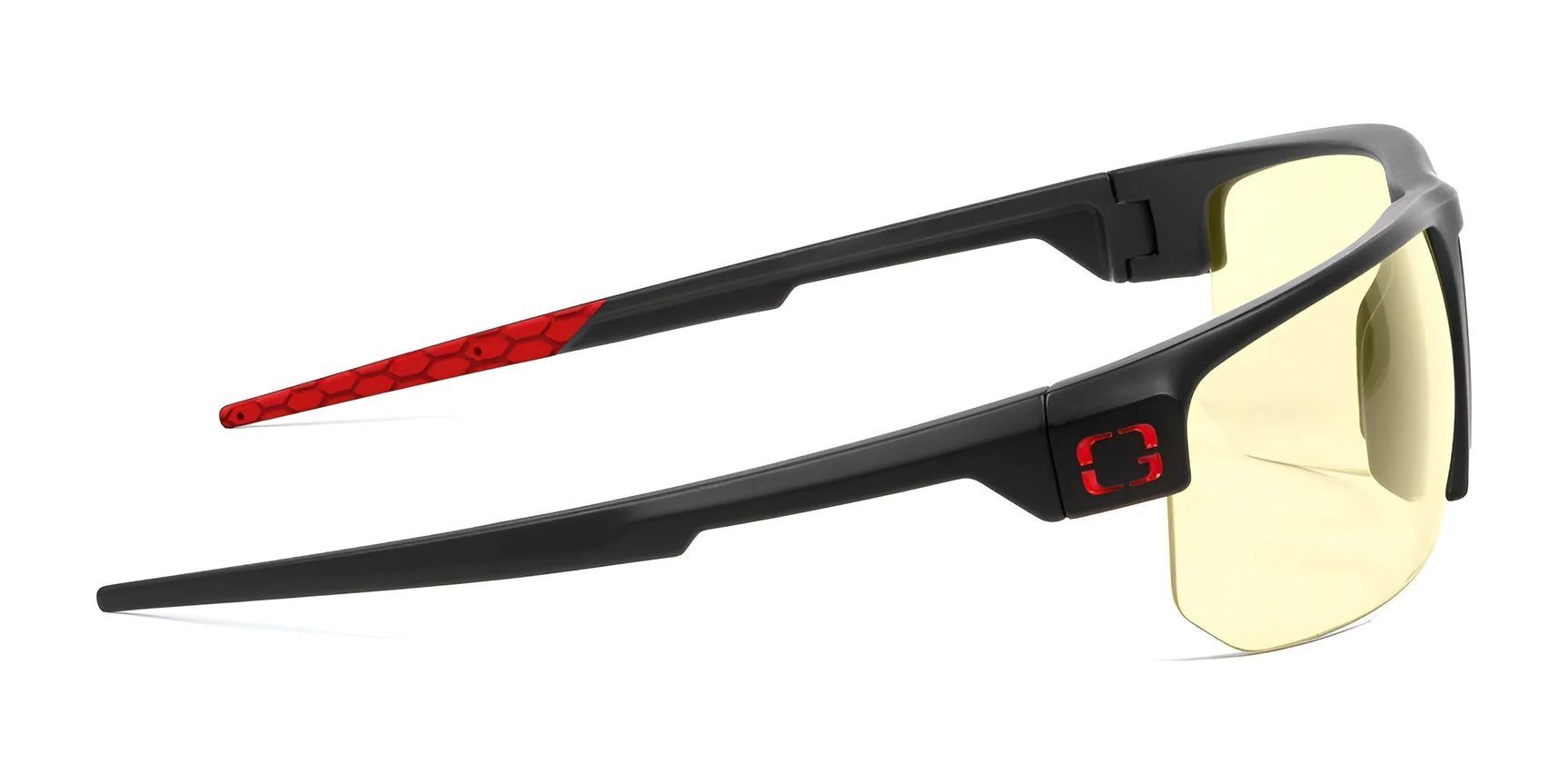 The Gunnar Torpedo 360 Computer Glasses, available in Size 73, feature a striking red pattern on the temples and interchangeable yellow lenses. These black sunglasses offer versatile styling for any occasion.