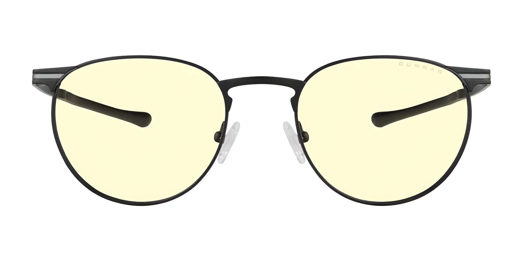 The Gunnar Mateo Computer Glasses | Size 52 feature a lightweight titanium frame and black color, incorporating GUNNAR's patented technology with yellow-tinted, blue light-blocking lenses and adjustable nose pads for optimal comfort.