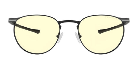 The Gunnar Mateo Computer Glasses | Size 52 feature a lightweight titanium frame and black color, incorporating GUNNAR's patented technology with yellow-tinted, blue light-blocking lenses and adjustable nose pads for optimal comfort.