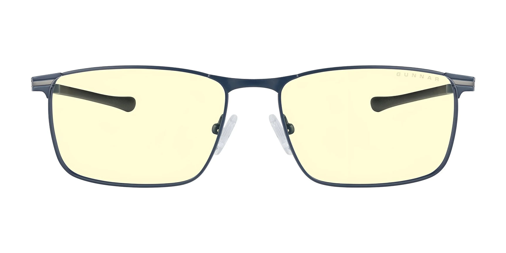 Gunnar Mendocino Computer Glasses | Size 55 showcase a rectangular design with blue frames and yellow-tinted lenses. Crafted from lightweight titanium, they promise durability and comfort with customizable spring hinges.