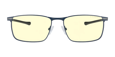 Gunnar Mendocino Computer Glasses | Size 55 showcase a rectangular design with blue frames and yellow-tinted lenses. Crafted from lightweight titanium, they promise durability and comfort with customizable spring hinges.