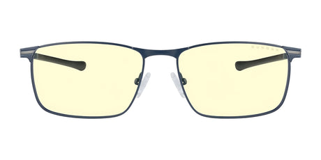 Gunnar Mendocino Computer Glasses | Size 55 showcase a rectangular design with blue frames and yellow-tinted lenses. Crafted from lightweight titanium, they promise durability and comfort with customizable spring hinges.