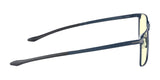 Side view of Gunnar Mendocino Computer Glasses by Gunnar, featuring a blue frame with lightweight titanium construction, black temple tips, and yellow-tinted lenses.