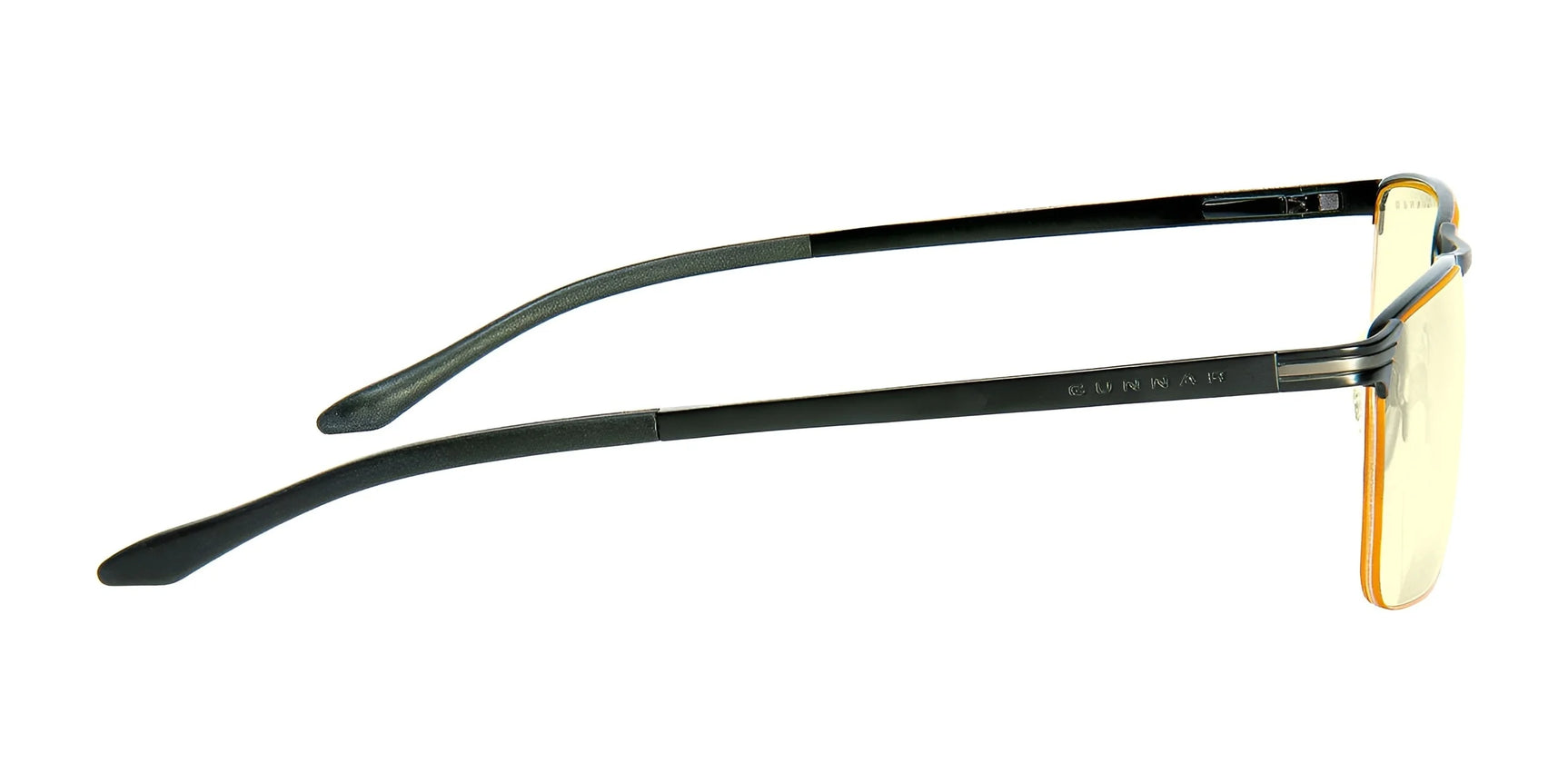 Gunnar Marin Computer Glasses, Size 54, feature a half-rim design with elegant black rims, yellow-tinted lenses, and are showcased from the side.