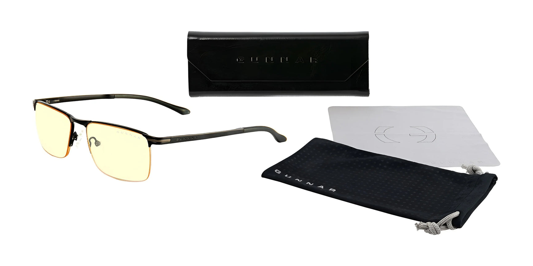 Gunnar Marin Computer Glasses (Size 54) feature a yellow-tinted, half-rim titanium frame and come with a sleek black case, pouch, and cleaning cloth on a white background.