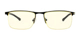 Gunnar Marin Computer Glasses | Size 54, from the brand Gunnar, boast yellow-tinted lenses with a sleek black titanium frame and thin temples, available with blue light blocking capabilities.