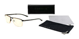 The Gunnar Marin Computer Glasses | Size 54 by Gunnar boast yellow-tinted lenses and a sleek half-rim design for blue light blocking. They include a black case, cleaning cloth, and soft pouch, all elegantly displayed on a white background.