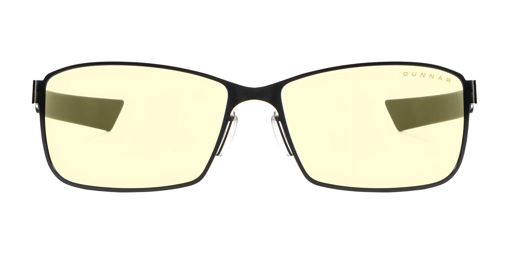 Gunnar's Vayper Computer Glasses | Size 58 offer a sleek black rectangular frame with yellow-tinted lenses. They feature adjustable silicone nose pads for custom comfort and are designed for enhanced focus, ideal for eSports enthusiasts.