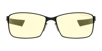 Gunnar's Vayper Computer Glasses | Size 58 offer a sleek black rectangular frame with yellow-tinted lenses. They feature adjustable silicone nose pads for custom comfort and are designed for enhanced focus, ideal for eSports enthusiasts.