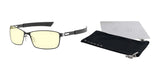 Yellow-tinted Gunnar Vayper Computer Glasses come with blue light blocking lenses, a black pouch, and a gray cleaning cloth. They feature adjustable silicone nose pads for added comfort.