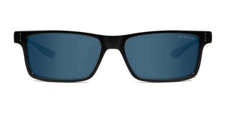 Gunnar Vertex Reading Sunglasses, size 55, feature a sleek black rectangular frame with dark blue lenses for stylish blue light protection, set against a white background.