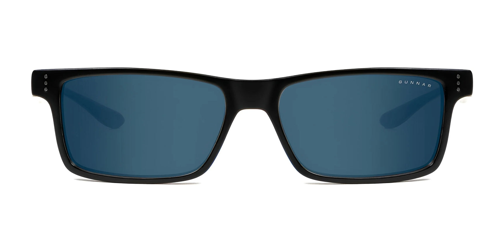 Gunnar Vertex Sunglasses feature black rectangular design, durable nylon frame, blue UV-protective lenses, and small silver dots near the hinges. Size 55.