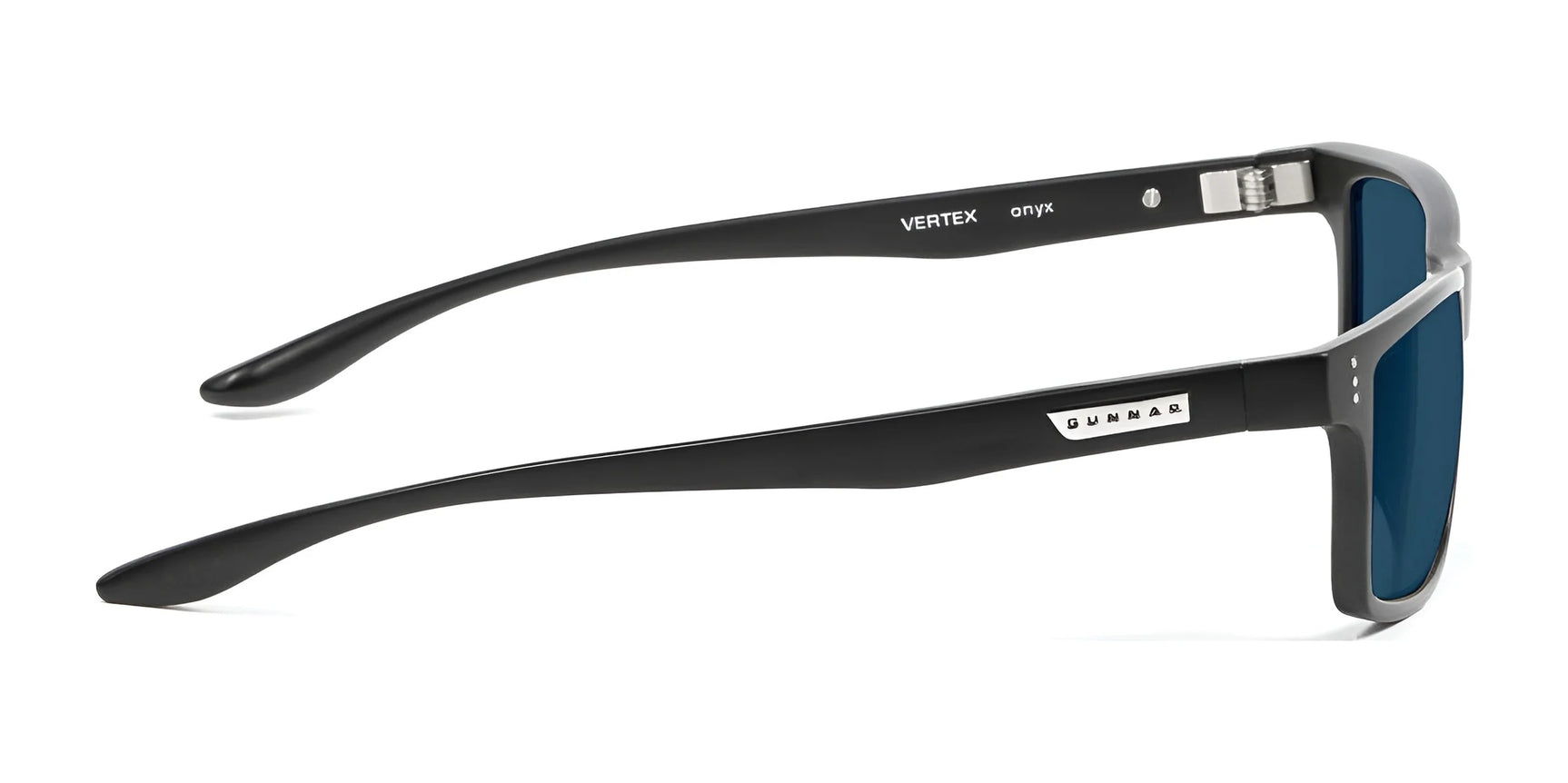 Side view of the Gunnar Vertex Sunglasses in black with dark lenses and "Gunnar" logo on the temple. These durable nylon frame shades offer blue light protection, ideal for sunny days and screen time.