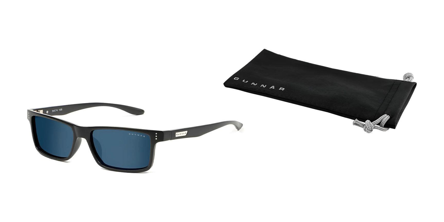 Gunnar Vertex Sunglasses in 55 size offer a stylish look with black frames, blue lenses, and blue light protection. They come with a durable nylon frame and UV protection, stored in a black Gunnar-labeled pouch.
