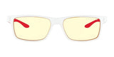 The Gunnar Vertex Collection for St. Jude Computer Glasses size 55 features clear rectangular frames, yellow lenses, and red temple tips, offering superior blue light blocking with GUNNAR patented lens technology. Perfect for those seeking both style and eye protection.
