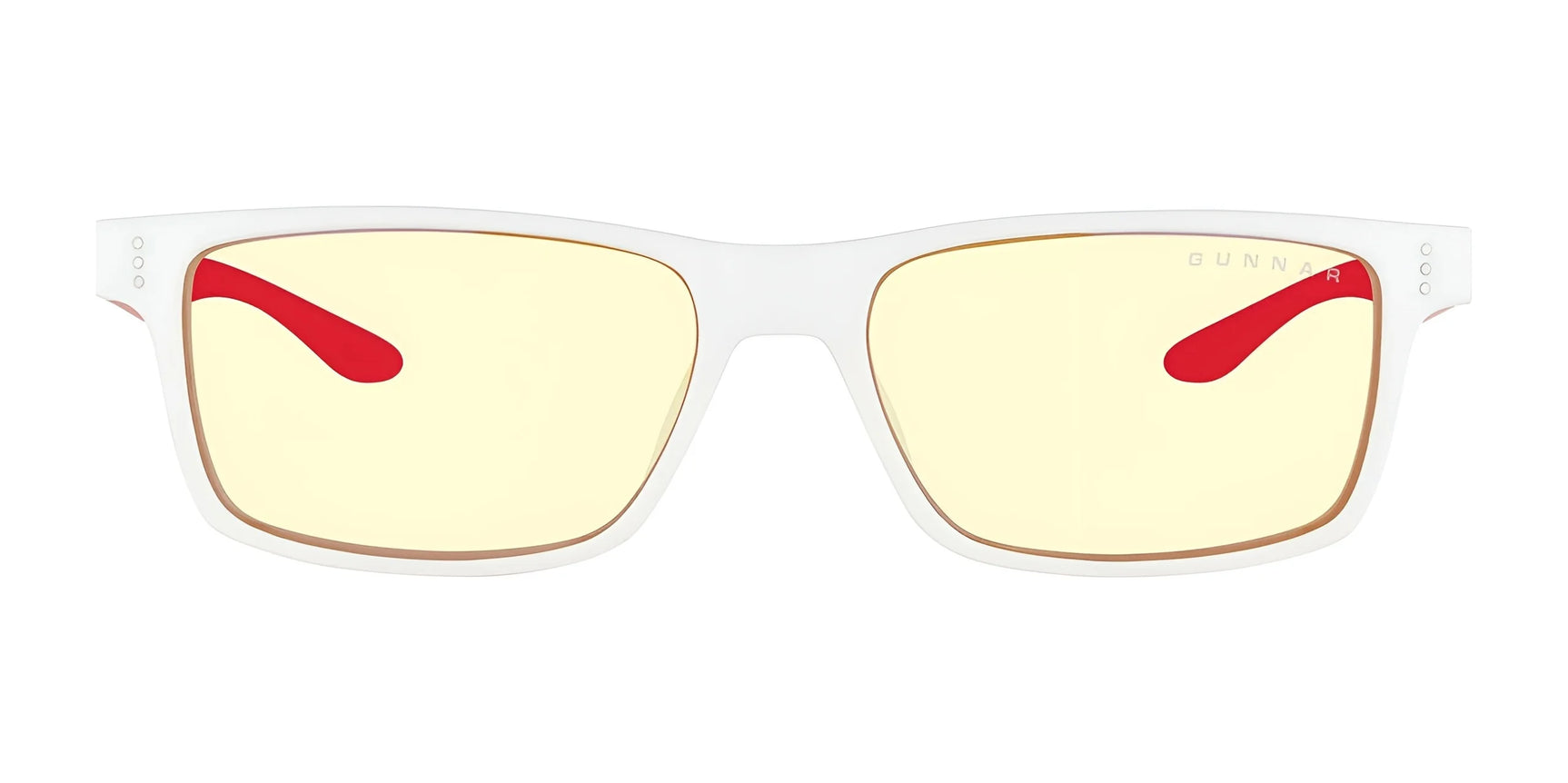 The Gunnar Vertex Collection for St. Jude Computer Glasses size 55 features clear rectangular frames, yellow lenses, and red temple tips, offering superior blue light blocking with GUNNAR patented lens technology. Perfect for those seeking both style and eye protection.