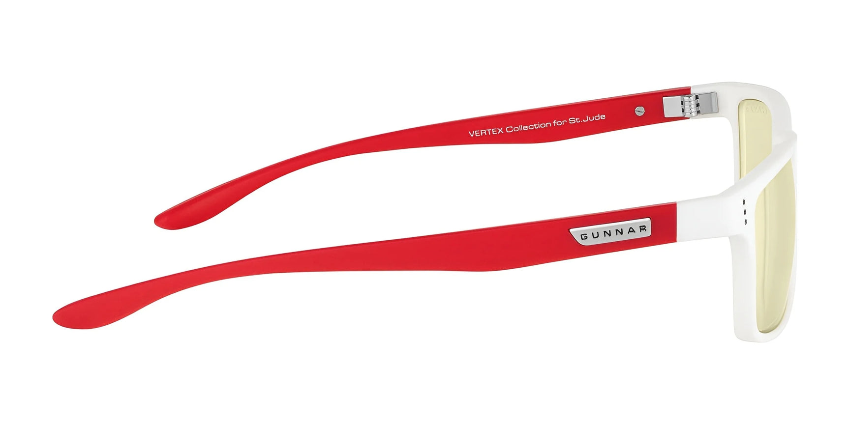 Side view of red and white Gunnar Vertex Collection for St Jude Computer Glasses, size 55, with yellow-tinted lenses featuring GUNNAR's patented lens technology, ideal for reducing eye strain.