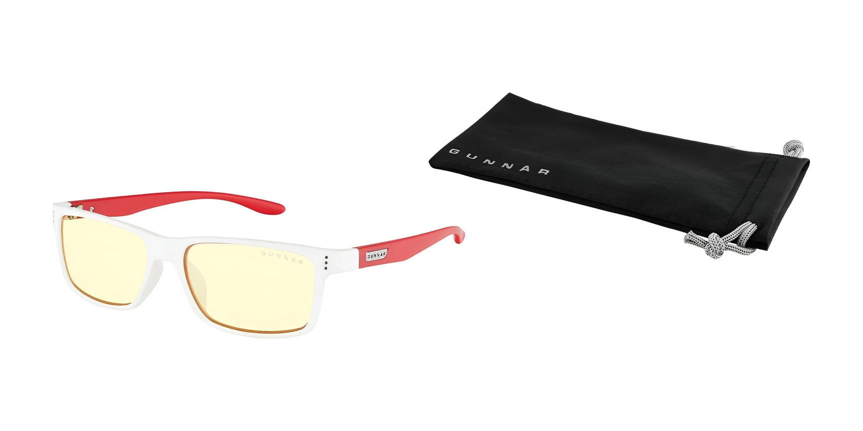 White and red Gunnar Vertex sunglasses with yellow lenses, featuring patented lens technology, are paired with a black pouch labeled "Gunnar.