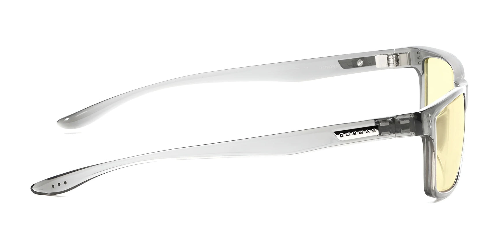 Side view of Gunnar Vertex Computer Glasses, size 55, showcasing clear nylon frames and light yellow-tinted lenses for blue light protection.