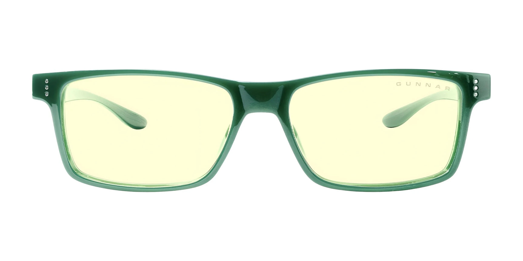 Gunnar's Vertex Computer Glasses in Size 55 feature green frames and yellow-tinted lenses for blue light protection, crafted from durable nylon.