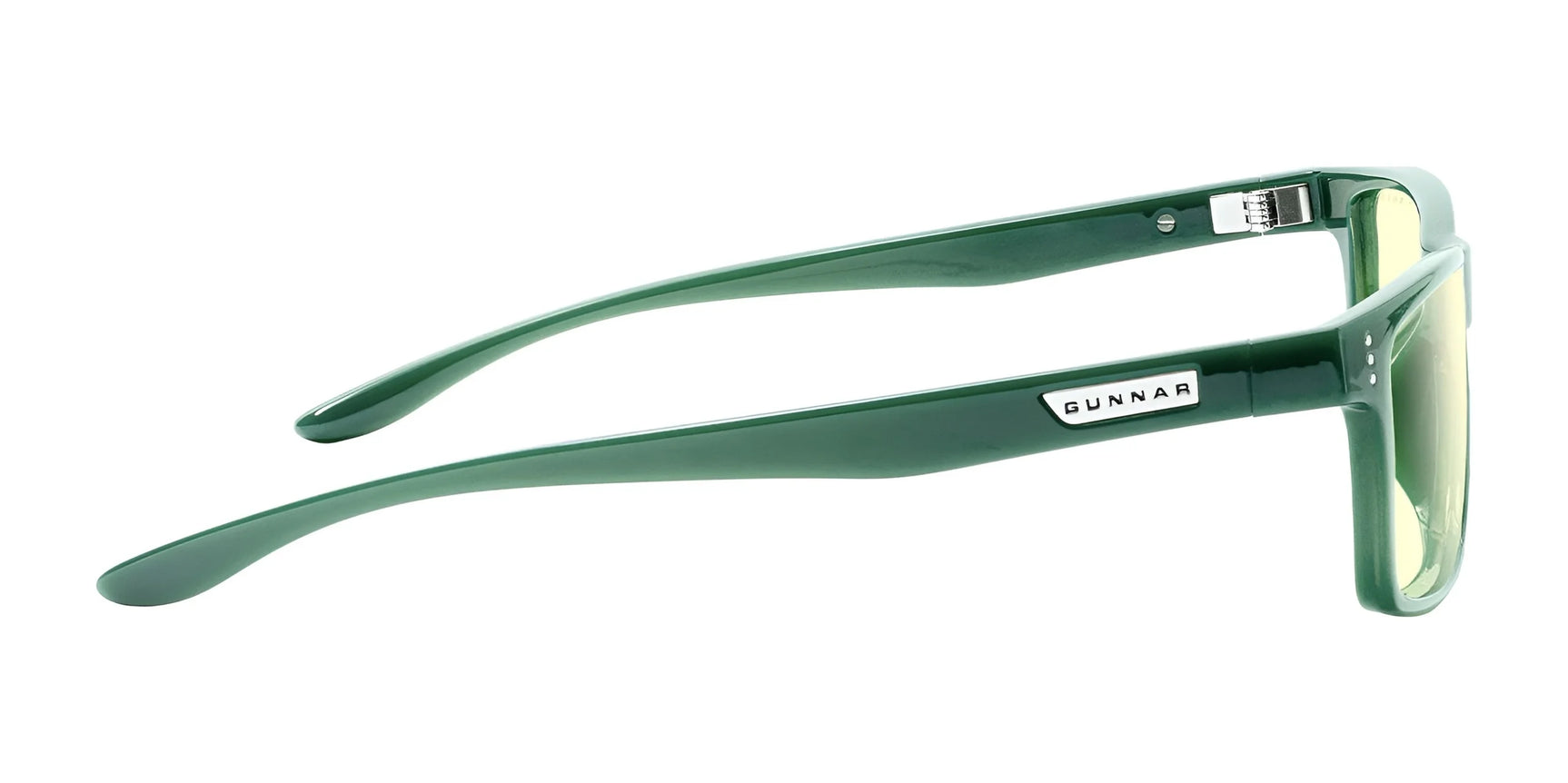 Side view of Gunnar's Vertex Computer Glasses in size 55, showcasing green rectangular frames made from durable nylon and stylish yellow-tinted lenses that provide premium blue light protection.